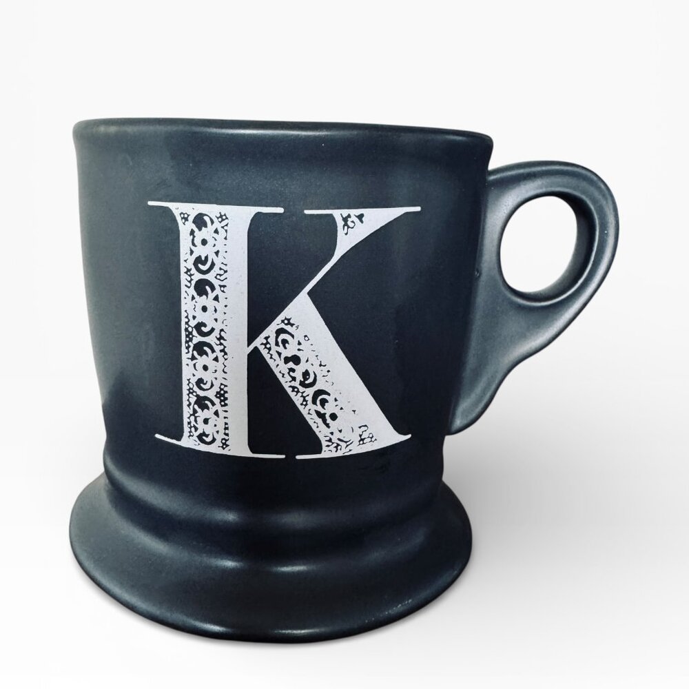 Anthropologie Monogram K Matte Black White Text Initial K Shaving Mug Classic